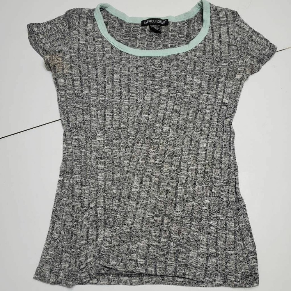 American Dream Womens Knitted T-Shirt Gray Blue Marled Scoop Neck Stretch Tee S